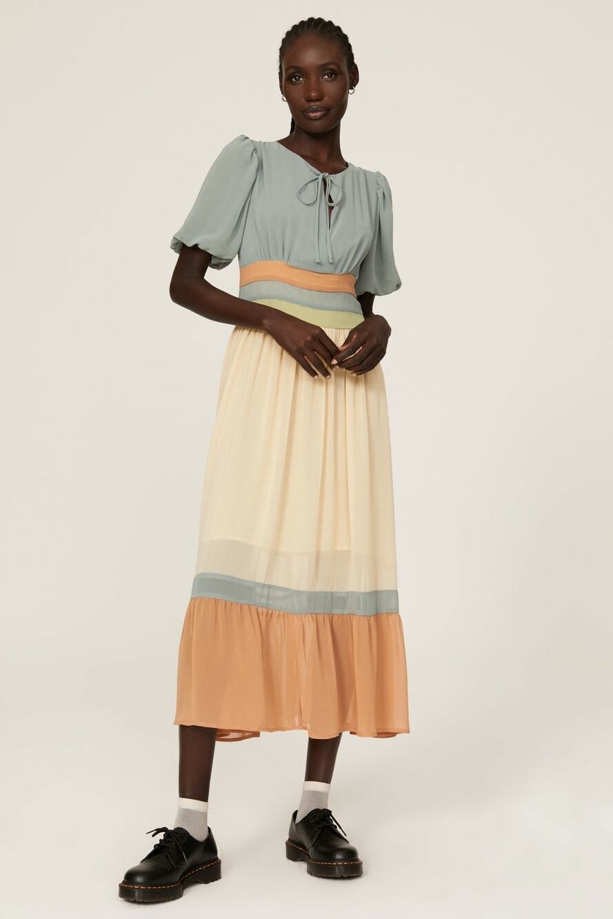 PAMELA LOVE x RTR Multicolored Color Block Crewneck Chiffon Midi Dress Size L